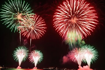 Stunning Red and Green Fireworks Display at Night with Ample Copy Space for Branding