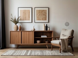 Wooden cabinet and accessories decor in living room interior on empty white wall background