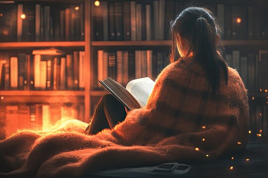 Woman reads in cozy blanket. The photo shows a woman curled up in a blanket, reading a book in a warm and inviting setting.