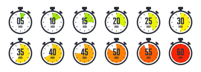 Stopwatch icons. Colorful simple chronometer, time counter with dial. Countdown timer showing hours and minutes. Deadline, measurement for sport. Cooking time label, sticker. Vector illustration