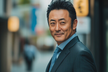 Fototapeta premium japan, happy, portrait of a businessman in his 40s, looking at the camera, random clothes. modern style