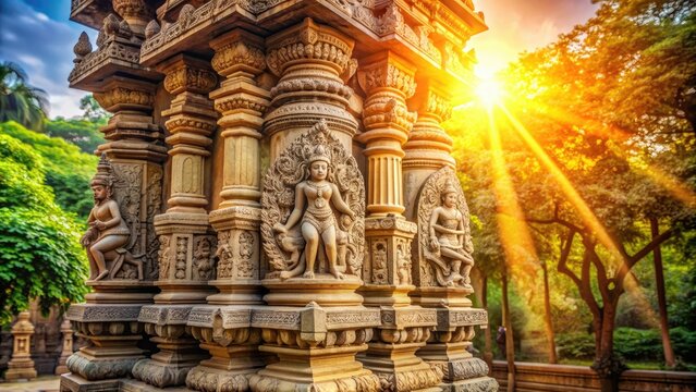 Intricately carved stone pillar at a Hindu temple, adorned with ornate sculptures of gods and goddesses, surrounded by lush greenery and warm sunlight.