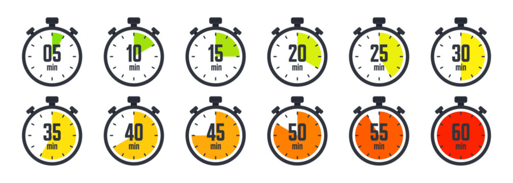 Stopwatch icons. Colorful simple chronometer, time counter with dial. Countdown timer showing hours and minutes. Deadline, measurement for sport. Cooking time label, sticker. Vector illustration