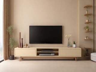 Cabinet for TV on the cream color wall in living room,minimal design