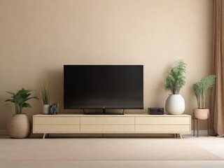 Cabinet for TV on the cream color wall in living room,minimal design