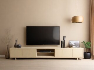 Obraz premium Cabinet for TV on the cream color wall in living room,minimal design