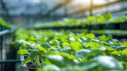 Naklejka premium A greenhouse filled with vibrant green plants, showcasing growth and cultivation.