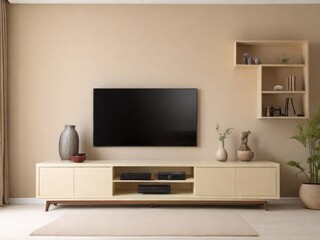 Cabinet for TV on the cream color wall in living room,minimal design