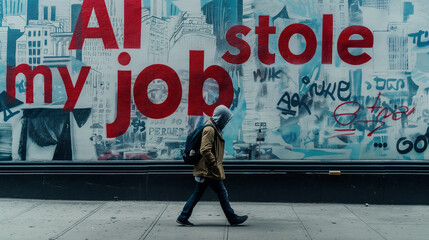 Street graffiti saying 'AI stole my job' in urban setting.