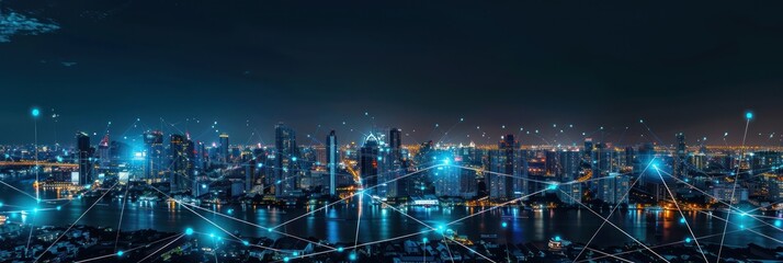 Obraz premium Cityscape at Night with Network Connections