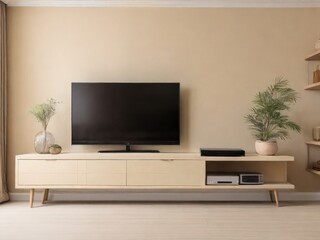 Cabinet for TV on the cream color wall in living room,minimal design