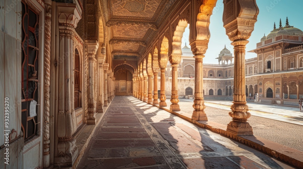 Aufkleber A long corridor with ornate columns and a clock tower in the background