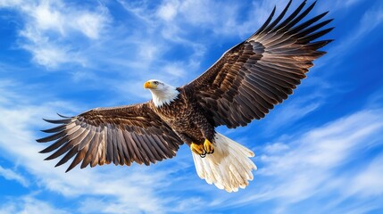 Fototapeta premium Bald Eagle in Flight with Spread Wings Against Blue Sky with Clouds