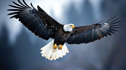 Naklejka premium Bald Eagle Soaring in Flight with Wings Spread Wide