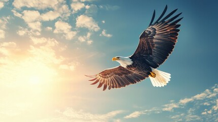 Fototapeta premium Bald Eagle Soaring Through Sunny Sky with Clouds