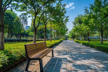 Fototapeta premium A simple outdoor setting with a wooden bench placed on top of a brick walkway