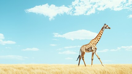 Obraz premium Giraffe walking in tall grass against blue sky with clouds