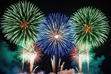 Fototapeta premium Vibrant Green and Blue Fireworks for New Year Celebration with Ample Copy Space