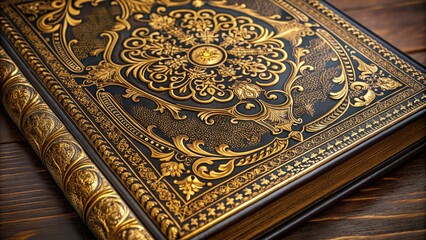Intricately designed ornate book elements, featuring gold filigree, floral patterns, and classic typography, adorn the cover of a vintage leather-bound tome, evoking nostalgia and luxury.