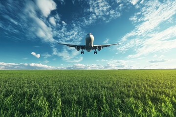 Naklejka premium Airplane flying low over grassy field. This image is perfect for projects about travel, aviation, or transportation.