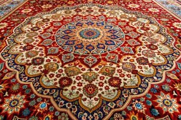 Fototapeta premium Intricately hand-woven and tufted carpet with vibrant colors and ornate patterns, showcasing exceptional craftsmanship and texture, perfect for home decor and interior design inspiration.