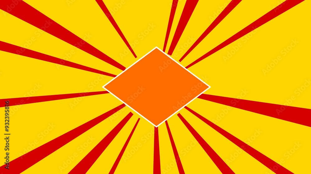 Poster rhombus symbol on the background of animation from moving rays of the sun. large orange symbol incre