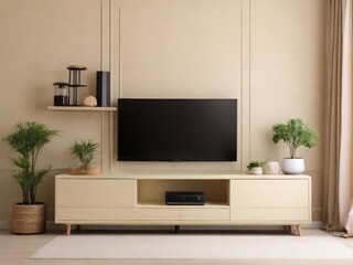 Cabinet for TV on the cream color wall in living room,minimal design