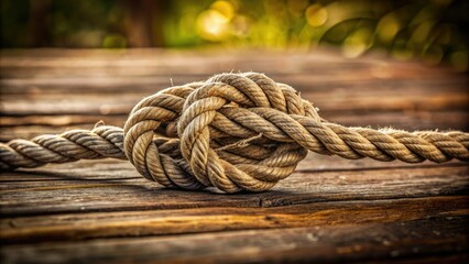 intricately tied string knot with loose ends and twists, resting on a rustic wooden table with blurred background, evoking feelings of complexity and fragility.