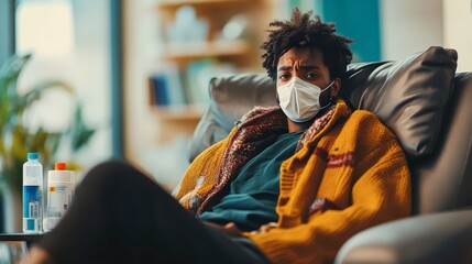 Obraz premium Young man resting in a cozy chair while wearing a mask indoors