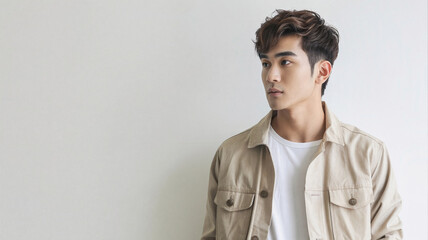 Stylish asian man in a beige jacket and white shirt looking off to the side against a light background