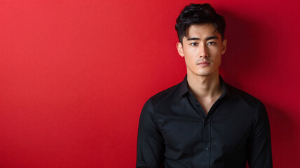 Obraz premium Young asian man in black shirt standing against a vibrant red background, exuding confidence and seriousness