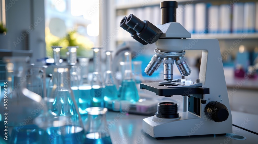 Aufkleber a microscope sits on a laboratory table, ready for use