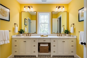 Bright Yellow Powder Room Featuring Stylish Double Vanities and Contemporary Decor