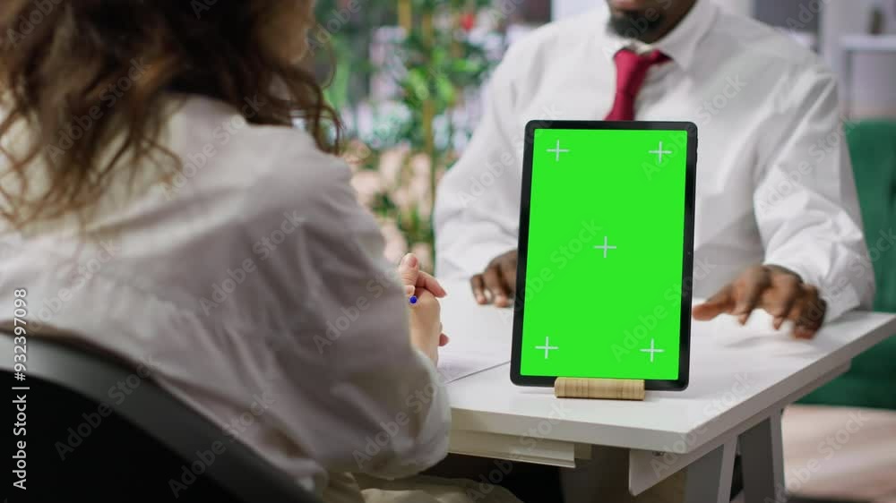 Poster interviewer and candidate meeting for an interview next to green screen, hr manager asking questions