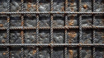 A close-up of a textured metal surface with a grid pattern and rust.