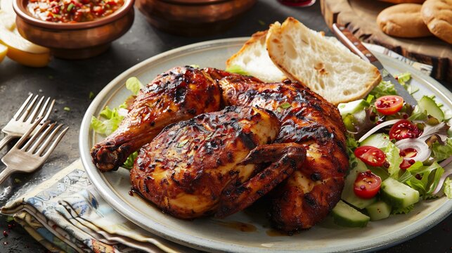 Serving of dajaj mashwi marinated and grilled chicken served with a side of salad and bread perfect for a traditional food experience