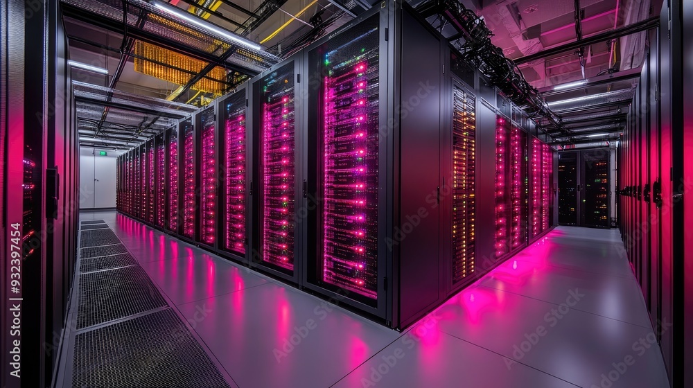 Poster a server room with rows of servers lit up in pink. this photo is perfect for articles or presentatio