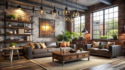Naklejka premium Combining warmth and grit, this style blends metallic accents with exposed brick and distressed wood, illuminated by vintage lighting fixtures.