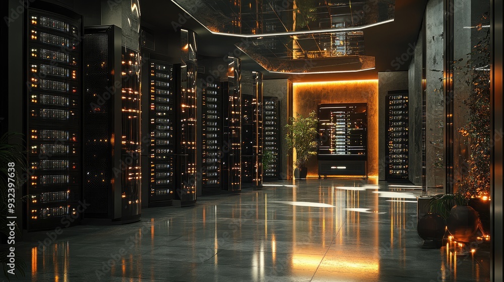 Aufkleber modern server room with rows of racks. this photo is perfect for projects related to technology, dat