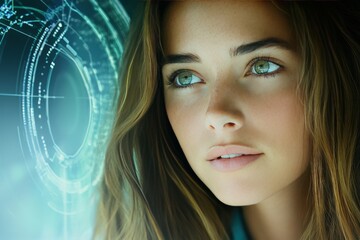 Young woman with glowing futuristic elements in a high tech environment showcasing the integration of advanced technology and human aesthetics in a modern sci fi world