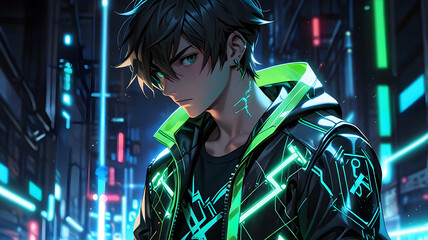 Obraz premium An anime boy in a dark room with neon green and blue lights, wearing a futuristic jacket that glows with neon circuitry patterns, creating a cybernetic look, high quality image 