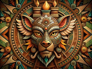 Complex patterns weave together earthy hues, geometric forms, and ancient symbols, evoking primal power and a deep connection to the natural world.