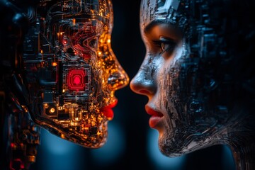 Profile of a woman and a humanoid robot in a deep introspective gaze exploring the connection between human emotion and AI in a high tech sci fi world
