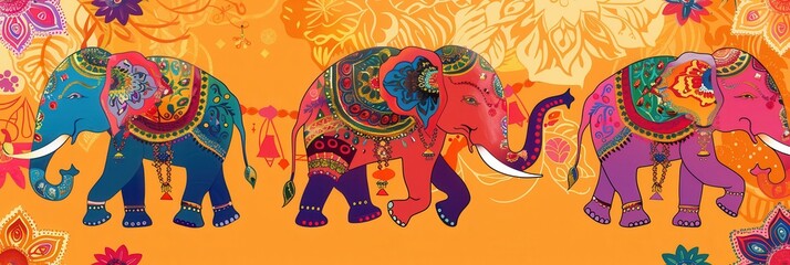 Elaborately adorned elephants parade through a lively Indian festival, showcasing intricate designs and vibrant colors, celebrating tradition and community. Generative AI