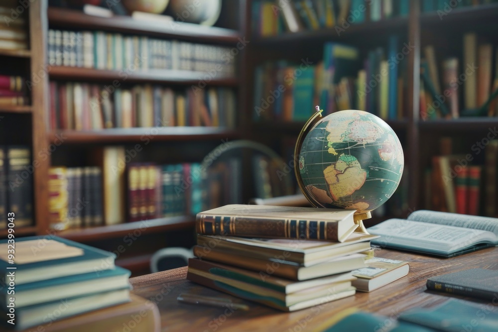 Poster a globe sits atop a stack of books, a symbol of learning and exploration
