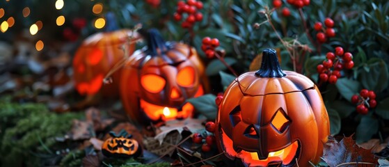 Halloween pumpkins glowing among autumn leaves and festive decorations
