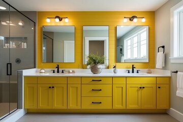 Contemporary Yellow Bathroom Design with Double Sink and Vanity