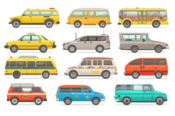 A collection of colorful vehicles against a clean white backdrop