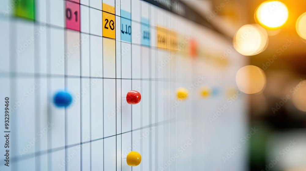 Poster whiteboard with colorful push pins. a close up shot of a whiteboard with colored push pins highlight