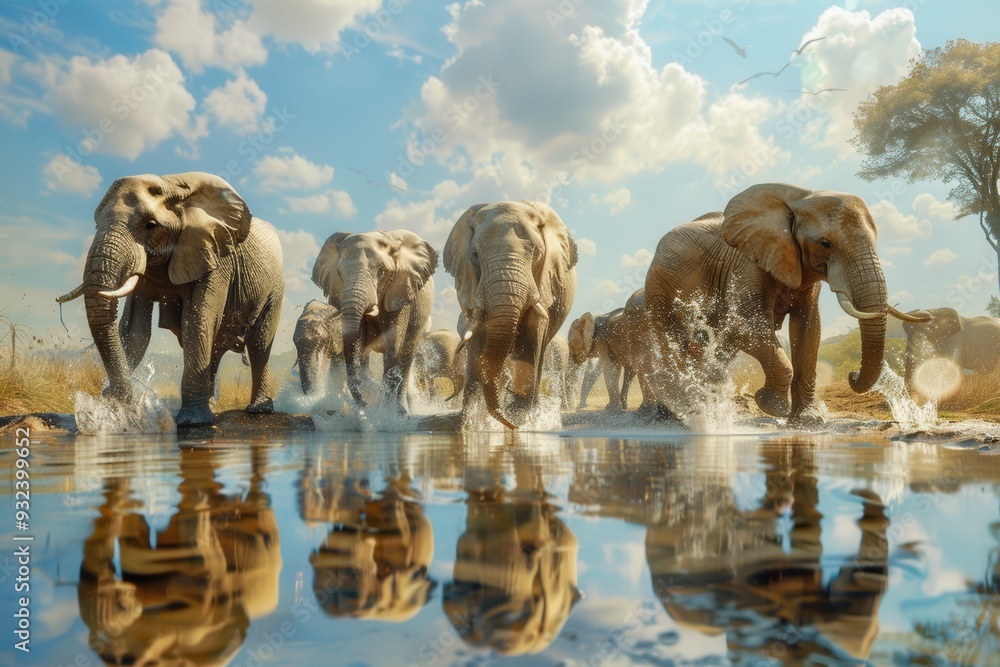 Poster elephants wade through water, creating splashes as they enjoy a warm afternoon in a tranquil setting